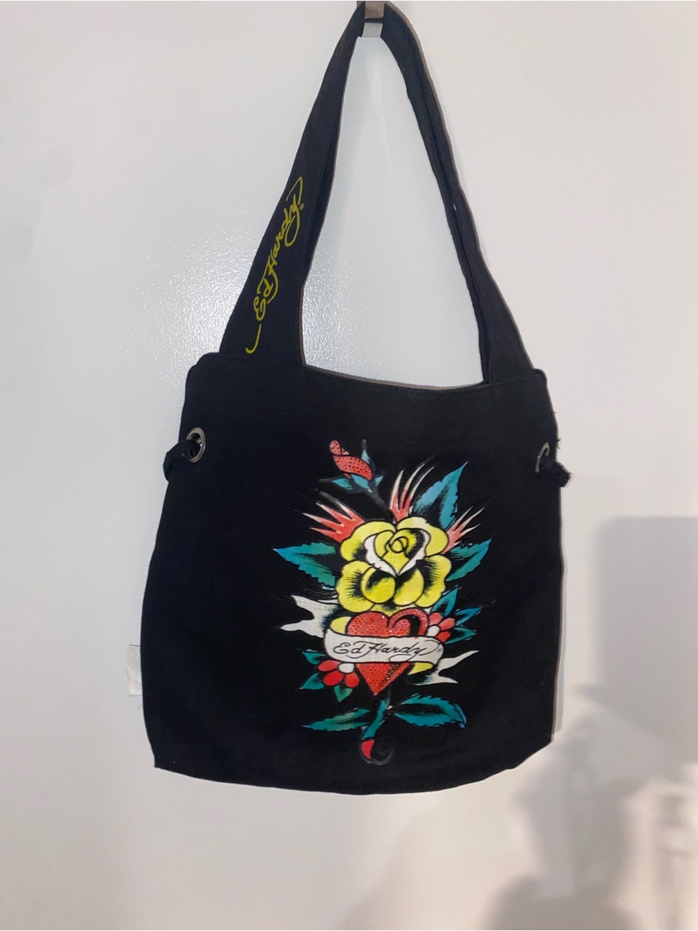 Ed Hardy Black Canvas Shoulder Bag with Yellow Rose Graphic